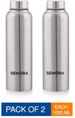 Semora Natural Stainless Steel Water Bottle 1000 ml (Pack of 2) | Durable Silver Steel Reusable Bottles