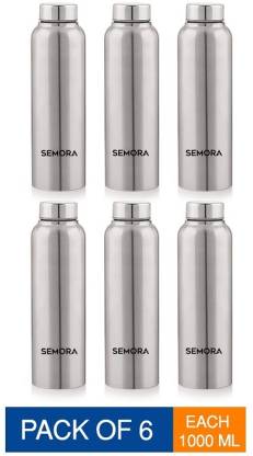 Semora Natural Steel Water Bottle 1000ml – Pack of 6 Silver Stainless Steel Bottles for Home, Office & Travel