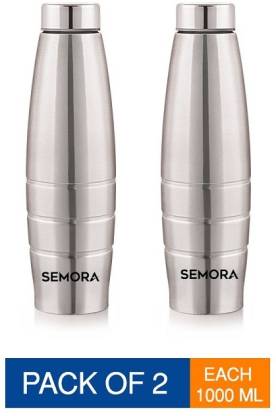 Semora Ultra Stainless Steel Water Bottle 1000 ml (Pack of 2) | Reusable Silver Steel Drinking Bottles