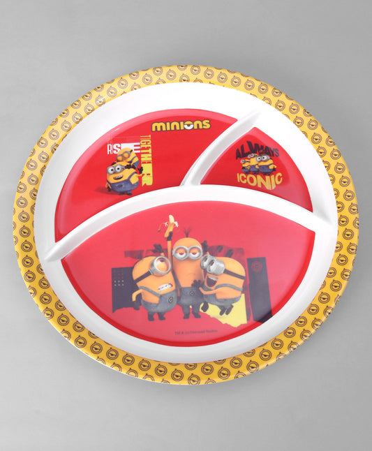 Servewell Melamine Kids Round Plate with 3 Partitions | Minions Theme Dining Plate