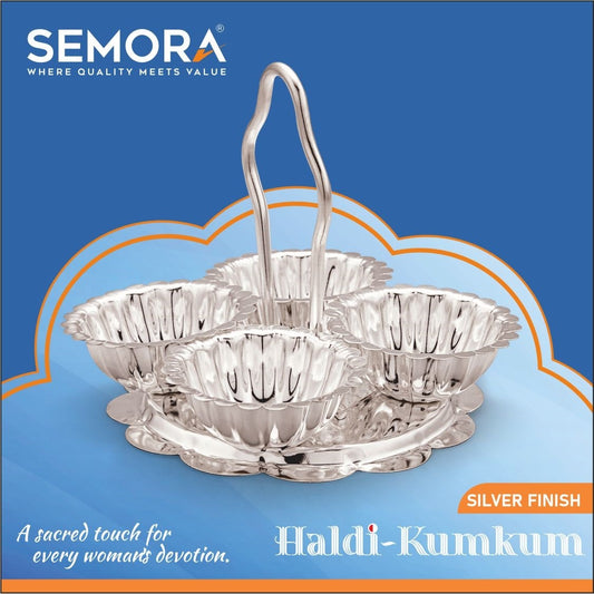 Semora Haldi Kumkum Holder Stand With Handle Silver Plated (4 cups) For Home Pooja Decore