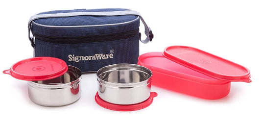 Signoraware Double Decker Stainless Steel Lunch Box Set (3pcs) with Carry Bag – Durable & Stylish