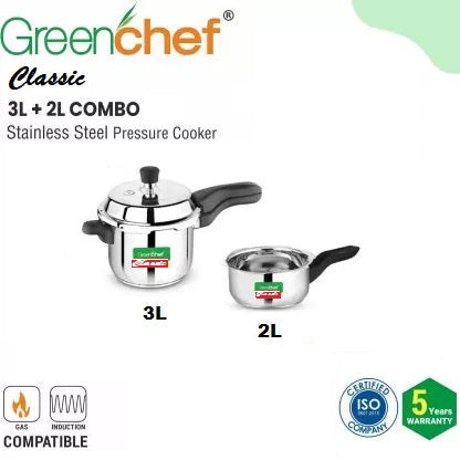 GREENCHEF Classic 2L+3L Outer Lid Stainless Steel Pressure Cooker- 5516 (Silver)