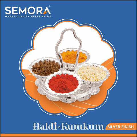 Semora Haldi Kumkum Holder Stand With Handle Silver Plated (4 cups) For Home Pooja Decore Semora Haldi Kumkum Holder Stand With Handle Silver Plated (4 cups) For Home Pooja Decore