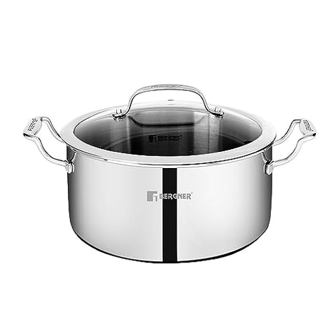 Bergner Hitech Triply with NonStick 28 cm Casserole, Glass Lid, For Biryani/Pulao/Halwa/Curries, Steel Guard Coating Protection, Rivetless Heat Resistant Handle, Induction & Gas Ready, 5-Year Warranty Bergner Hitech Triply with NonStick 28 cm Casserole, Glass Lid, For Biryani/Pulao/Halwa/Curries, Steel Guard Coating Protection, Rivetless Heat Resistant Handle, Induction & Gas Ready, 5-Year Warranty