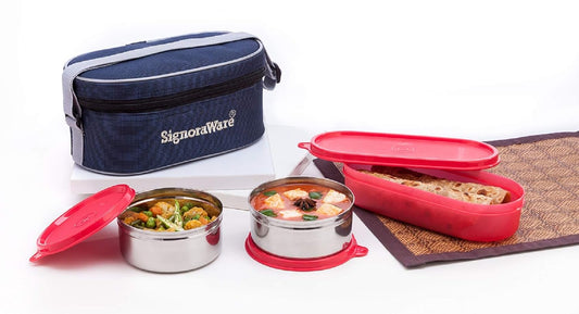Signoraware Double Decker Stainless Steel Lunch Box Set (3pcs) with Carry Bag – Durable & Stylish