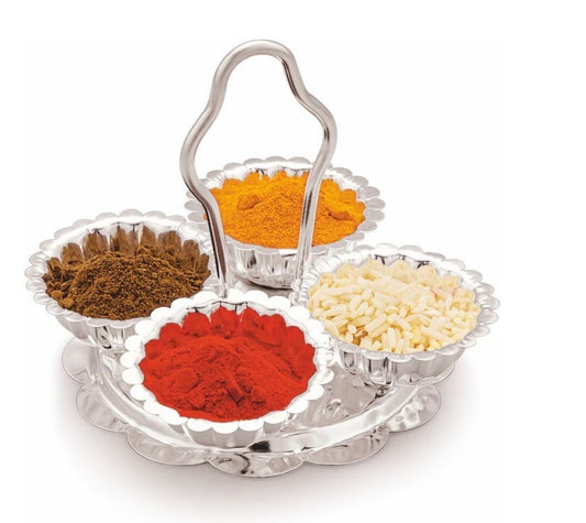 Semora Haldi Kumkum Holder Stand With Handle Silver Plated (4 cups) For Home Pooja Decore