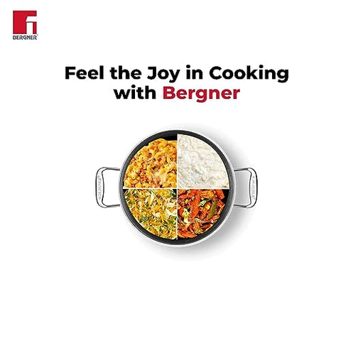 Bergner Hitech Triply with NonStick 28 cm Casserole, Glass Lid, For Biryani/Pulao/Halwa/Curries, Steel Guard Coating Protection, Rivetless Heat Resistant Handle, Induction & Gas Ready, 5-Year Warranty Bergner Hitech Triply with NonStick 28 cm Casserole, Glass Lid, For Biryani/Pulao/Halwa/Curries, Steel Guard Coating Protection, Rivetless Heat Resistant Handle, Induction & Gas Ready, 5-Year Warranty