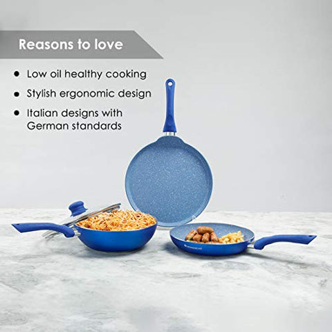 Wonderchef Royal Velvet Plus Induction Base Aluminium Nonstick Cookware 4-Piece Set | Frying Pan, Wok, Dosa, Tawa | Blue