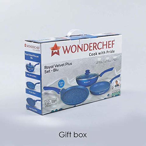 Wonderchef Royal Velvet Plus Induction Base Aluminium Nonstick Cookware 4-Piece Set | Frying Pan, Wok, Dosa, Tawa | Blue