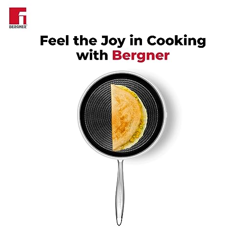 Bergner Hitech Triply Stainless Steel Non Stick Prism Dosa Tawa, 32 cm, Induction Bottom, Gas Ready, Metal Spatula Friendly