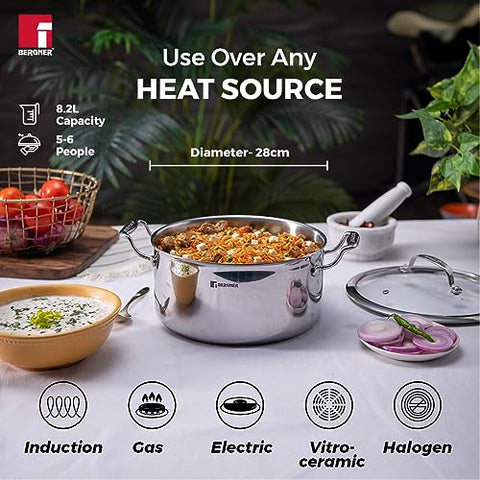 Bergner Hitech Triply with NonStick 28 cm Casserole, Glass Lid, For Biryani/Pulao/Halwa/Curries, Steel Guard Coating Protection, Rivetless Heat Resistant Handle, Induction & Gas Ready, 5-Year Warranty Bergner Hitech Triply with NonStick 28 cm Casserole, Glass Lid, For Biryani/Pulao/Halwa/Curries, Steel Guard Coating Protection, Rivetless Heat Resistant Handle, Induction & Gas Ready, 5-Year Warranty
