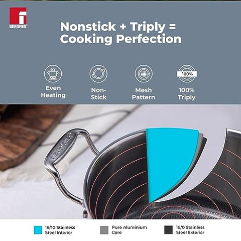 Bergner Hitech Triply with NonStick 28 cm Casserole, Glass Lid, For Biryani/Pulao/Halwa/Curries, Steel Guard Coating Protection, Rivetless Heat Resistant Handle, Induction & Gas Ready, 5-Year Warranty Bergner Hitech Triply with NonStick 28 cm Casserole, Glass Lid, For Biryani/Pulao/Halwa/Curries, Steel Guard Coating Protection, Rivetless Heat Resistant Handle, Induction & Gas Ready, 5-Year Warranty