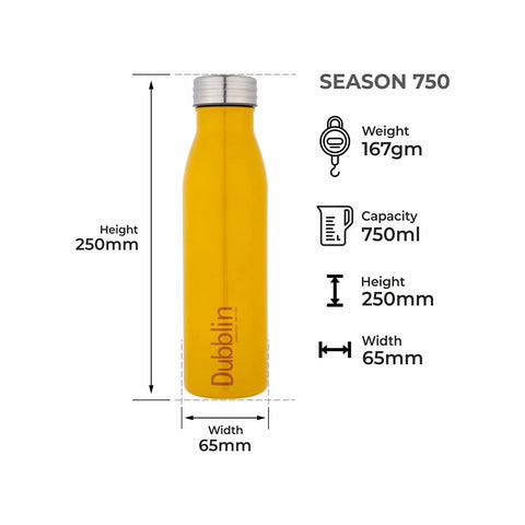 Dubblin Season Stainless Steel Fridge Water Bottle 750ml – BPA Free, Leak-Proof, Yellow Dubblin Season Stainless Steel Fridge Water Bottle 750ml – BPA Free, Leak-Proof, Yellow