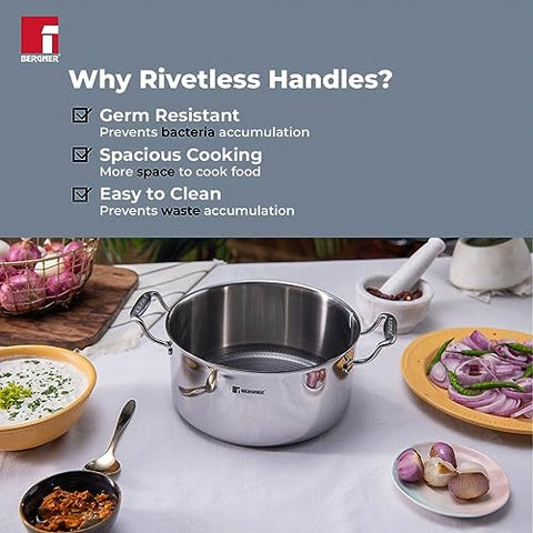 Bergner Hitech Triply with NonStick 28 cm Casserole, Glass Lid, For Biryani/Pulao/Halwa/Curries, Steel Guard Coating Protection, Rivetless Heat Resistant Handle, Induction & Gas Ready, 5-Year Warranty Bergner Hitech Triply with NonStick 28 cm Casserole, Glass Lid, For Biryani/Pulao/Halwa/Curries, Steel Guard Coating Protection, Rivetless Heat Resistant Handle, Induction & Gas Ready, 5-Year Warranty