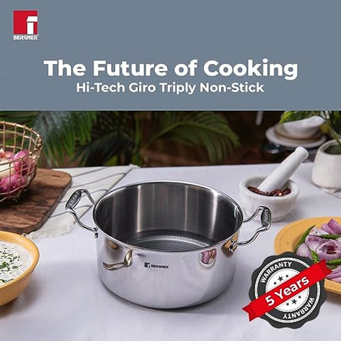 Bergner Hitech Triply with NonStick 28 cm Casserole, Glass Lid, For Biryani/Pulao/Halwa/Curries, Steel Guard Coating Protection, Rivetless Heat Resistant Handle, Induction & Gas Ready, 5-Year Warranty Bergner Hitech Triply with NonStick 28 cm Casserole, Glass Lid, For Biryani/Pulao/Halwa/Curries, Steel Guard Coating Protection, Rivetless Heat Resistant Handle, Induction & Gas Ready, 5-Year Warranty