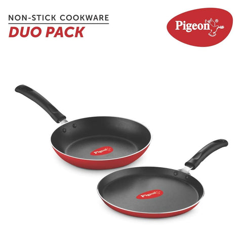 Pigeon Duo Pack Non Stick Tawa-Fry Pan Gift Set | Pigeon Nonstick Duo Pack Flat Tawa 250 and Fry Pan 240 Gift Set (Red)