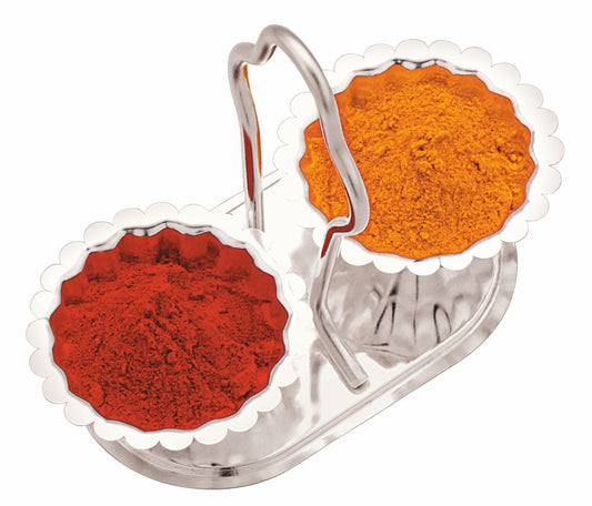Semora Haldi Kumkum Holder Stand With Handle Silver Plated (2 cups) For Home, Office Pooja Decore