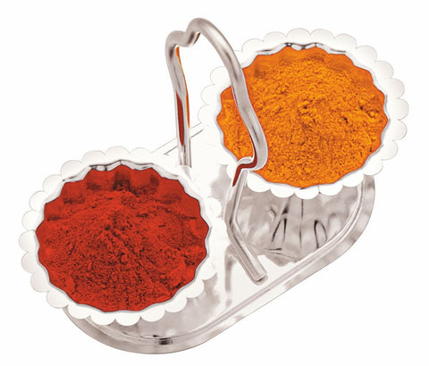 Semora Haldi Kumkum Holder Stand With Handle Silver Plated (2 cups) For Home, Office Pooja Decore Semora Haldi Kumkum Holder Stand With Handle Silver Plated (2 cups) For Home, Office Pooja Decore