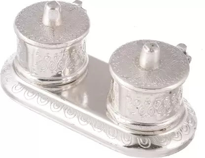Silver Plated Haldi-Kumkum Holder for Pooja, Sindoor Dani for Women, Pooja Items for Home, Return Gifts for Ladies, Two-In-One Sindoor Dabbi for Gift,Round Shape Chawal/Kumkum Box/Container