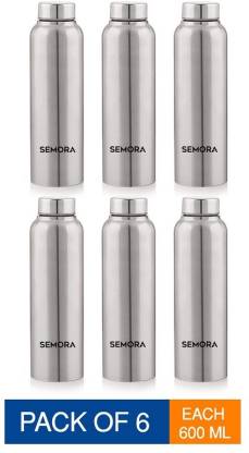 Semora Natural Stainless Steel Water Bottle 600 ml (Pack of 6) | Durable Silver Steel Reusable Bottles for Home, Office & Travel
