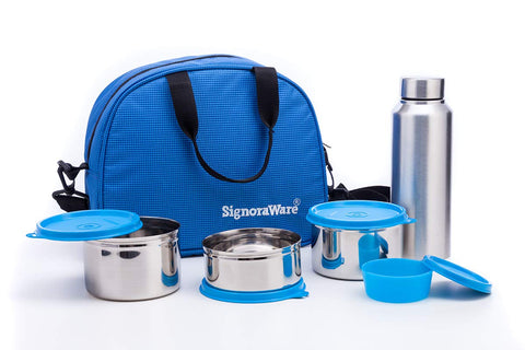 Signoraware Sling Stainless Steel Lunch Box with Steel Bottle, Set of 5, (Blue) Signoraware Sling Stainless Steel Lunch Box with Steel Bottle, Set of 5, (Blue)