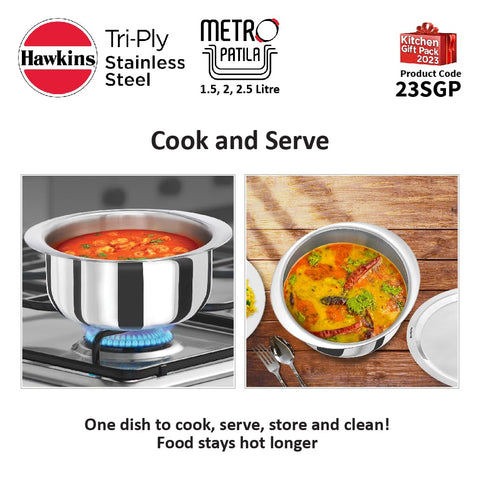 Hawkins Kitchen Gift Pack 2023 (23SGP) 3 Pieces Set of 1.5 Litre, 2 Litre and 2.5 Litre Triply Stainless Steel Patila, Tope, Bhagona, Tapeli, Saucepans Silver Hawkins Kitchen Gift Pack 2023 (23SGP) 3 Pieces Set of 1.5 Litre, 2 Litre and 2.5 Litre Triply Stainless Steel Patila, Tope, Bhagona, Tapeli, Saucepans Silver