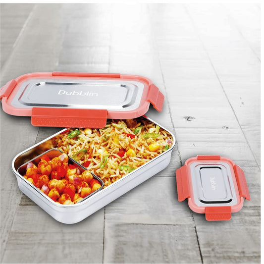 DUBBLIN Dineout Sr. Stainless Steel Lunch Box Insulated Airtight Spill Proof, sabzi Container Inside, 1000 ml, Pink