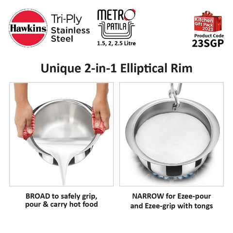 Hawkins Kitchen Gift Pack 2023 (23SGP) 3 Pieces Set of 1.5 Litre, 2 Litre and 2.5 Litre Triply Stainless Steel Patila, Tope, Bhagona, Tapeli, Saucepans Silver Hawkins Kitchen Gift Pack 2023 (23SGP) 3 Pieces Set of 1.5 Litre, 2 Litre and 2.5 Litre Triply Stainless Steel Patila, Tope, Bhagona, Tapeli, Saucepans Silver