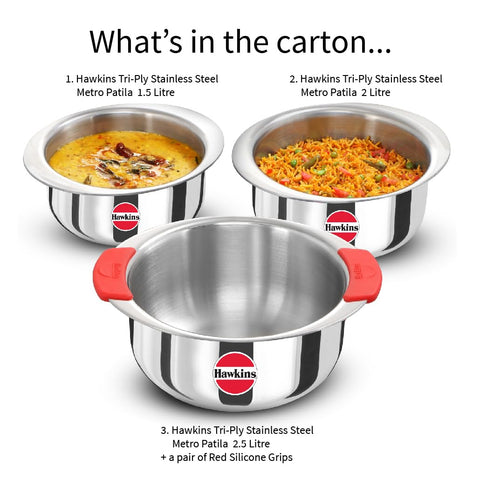 Hawkins Kitchen Gift Pack 2023 (23SGP) 3 Pieces Set of 1.5 Litre, 2 Litre and 2.5 Litre Triply Stainless Steel Patila, Tope, Bhagona, Tapeli, Saucepans Silver Hawkins Kitchen Gift Pack 2023 (23SGP) 3 Pieces Set of 1.5 Litre, 2 Litre and 2.5 Litre Triply Stainless Steel Patila, Tope, Bhagona, Tapeli, Saucepans Silver
