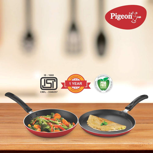 Pigeon Duo Pack Non Stick Tawa-Fry Pan Gift Set | Pigeon Nonstick Duo Pack Flat Tawa 250 and Fry Pan 240 Gift Set (Red)