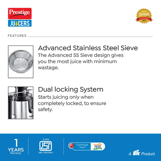 Prestige PCJ 7.0 500-Watt Centrifugal Juicer – Efficient, Stainless Steel, Black