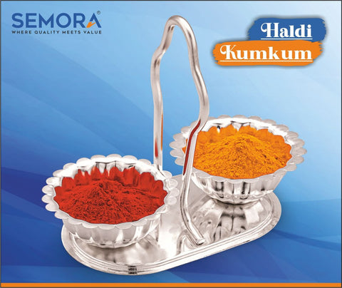 Semora Haldi Kumkum Holder Stand With Handle Silver Plated (2 cups) For Home, Office Pooja Decore Semora Haldi Kumkum Holder Stand With Handle Silver Plated (2 cups) For Home, Office Pooja Decore