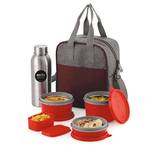 CELLO MF Optima Combo Lunch Box Set of 5 with Fabric Bag | 3 Plastic Containers, 1 Pickle Box and 1 Steel Bottle | Microwave Safe | Full Meal and Easy to Carry, Red