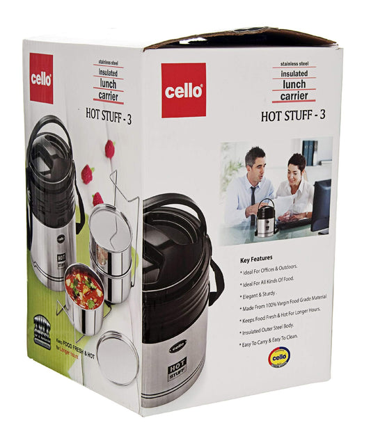 Cello HOT Stuff-3 Stainless Steel Insulated Lunch Carrier,Colour- Black,3 Containers