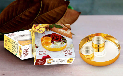 Silverglow Jain Pooja Set | Gold and Silver Plated Puja Thali Set | Diwali, Office, Mandir, Wedding Return Gift Item of 3 Pieces | Includes: Puja thali and Kesar vatis Silverglow Jain Pooja Set | Gold and Silver Plated Puja Thali Set | Diwali, Office, Mandir, Wedding Return Gift Item of 3 Pieces | Includes: Puja thali and Kesar vatis