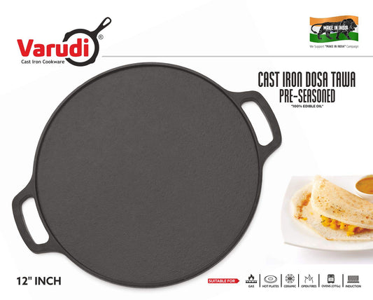 Varudi pre Seasoned cast Iron Dosa Tawa 12 inch(30 cm) Export Quality Food Grade Kitchen cookware Induction/Stove Suitable