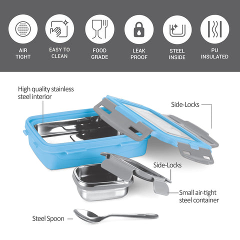 Milton Steely Super Deluxe Insulated Inner Stainless Steel Big Tiffin Box, 500 ml, with Inner Stainless Steel Container, 175 ml and Spoon, Sky Blue | Kids Lunch Box | Easy to Carry | Easy to Clean Milton Steely Super Deluxe Insulated Inner Stainless Steel Big Tiffin Box, 500 ml, with Inner Stainless Steel Container, 175 ml and Spoon, Sky Blue | Kids Lunch Box | Easy to Carry | Easy to Clean