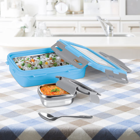 Milton Steely Super Deluxe Insulated Inner Stainless Steel Big Tiffin Box, 500 ml, with Inner Stainless Steel Container, 175 ml and Spoon, Sky Blue | Kids Lunch Box | Easy to Carry | Easy to Clean Milton Steely Super Deluxe Insulated Inner Stainless Steel Big Tiffin Box, 500 ml, with Inner Stainless Steel Container, 175 ml and Spoon, Sky Blue | Kids Lunch Box | Easy to Carry | Easy to Clean