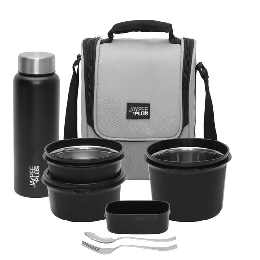 Jaypee Plus 1390 ml Stainless Steel Office Lunch Box | BPA Free, Microwave Safe & Spillproof Airtight 4 Containers | Includes Bottle, Spoon, Fork & Insulated Bag | Ideal for College & School (Grey)