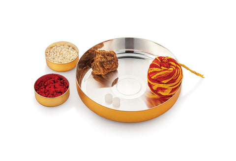 Silverglow Jain Pooja Set | Gold and Silver Plated Puja Thali Set | Diwali, Office, Mandir, Wedding Return Gift Item of 3 Pieces | Includes: Puja thali and Kesar vatis Silverglow Jain Pooja Set | Gold and Silver Plated Puja Thali Set | Diwali, Office, Mandir, Wedding Return Gift Item of 3 Pieces | Includes: Puja thali and Kesar vatis