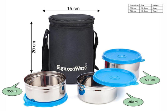 SignoraWare Executive Steel Medium Lunch Box – Leakproof & Airtight 3-Container Set with Insulated Bag