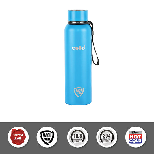 Cello Duro Tuff Steel Kent Thermosteel Flask with DTP Coating, 900ml, Blue | 24 Hours Hot and Cold Stainless Steel Bottle | Flask for Tea Coffee | Ideal for Office, Gym, Home, Hiking, Travel Bottle