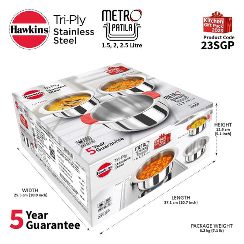 Hawkins Kitchen Gift Pack 2023 (23SGP) 3 Pieces Set of 1.5 Litre, 2 Litre and 2.5 Litre Triply Stainless Steel Patila, Tope, Bhagona, Tapeli, Saucepans Silver Hawkins Kitchen Gift Pack 2023 (23SGP) 3 Pieces Set of 1.5 Litre, 2 Litre and 2.5 Litre Triply Stainless Steel Patila, Tope, Bhagona, Tapeli, Saucepans Silver