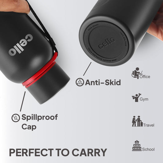 Cello Duro Tuff Steel Kent Thermosteel Flask with DTP Coating, 550ml, Black | 24 Hours Hot and Cold Stainless Steel Bottle | Flask for Tea Coffee | Ideal for Office, Gym, Home, Hiking, Trekking, Travel Bottle