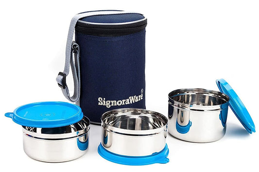 SignoraWare Executive Steel Medium Lunch Box – Leakproof & Airtight 3-Container Set with Insulated Bag