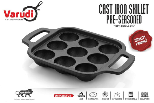 VARUDI Cast Iron Appam Patra Pre-Seasoned Square (9 Pit) Black, Pot 30 cm (Cast Iron, Non-stick, Induction Bottom)