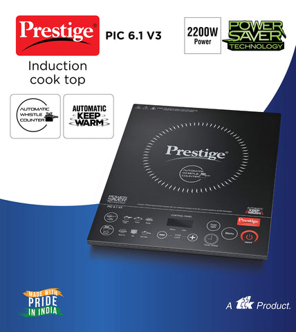 Prestige PIC 6.1 V3 PIC 2200 Watts Induction Cooktop | Black | Automatic Whistle Counter | Feather Touch Buttons | Keep Warm Function| Dual Heat Sensor