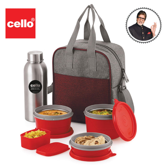 CELLO MF Optima Combo Lunch Box Set of 5 with Fabric Bag | 3 Plastic Containers, 1 Pickle Box and 1 Steel Bottle | Microwave Safe | Full Meal and Easy to Carry, Red