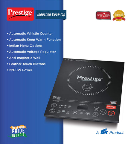 Prestige PIC 6.1 V3 PIC 2200 Watts Induction Cooktop | Black | Automatic Whistle Counter | Feather Touch Buttons | Keep Warm Function| Dual Heat Sensor